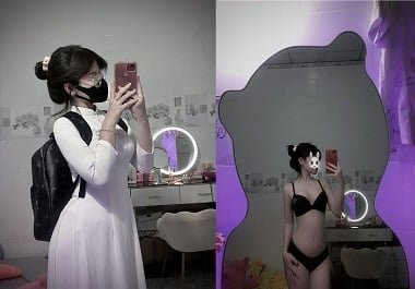 Qui hien com um físico sexy em um vestido longo